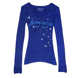 Y2K Aeropostale Blue Henley Metallic Star Graphic Fitted Top Size Small RARE HTF